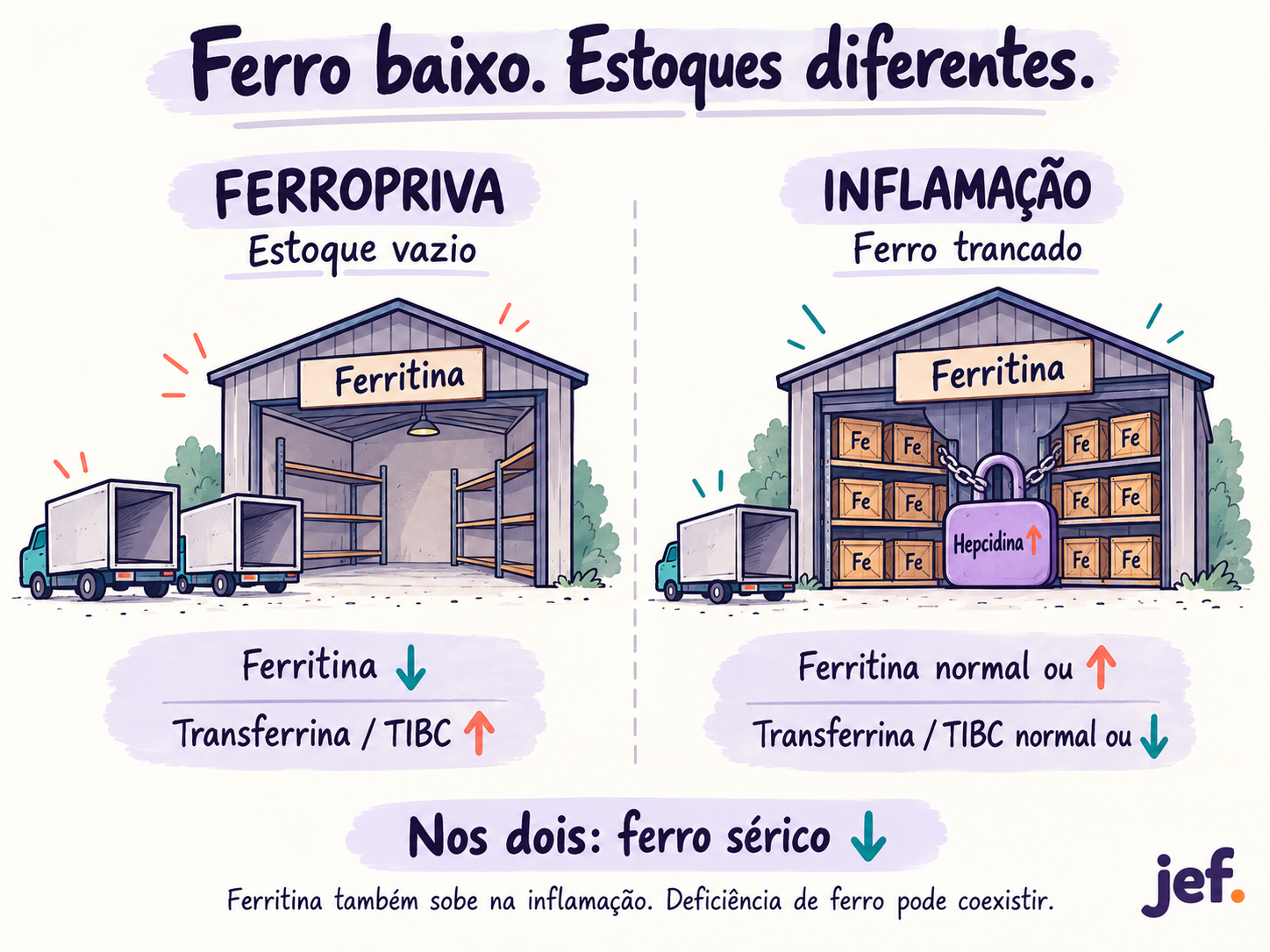 Anemia Ferropriva × Anemia de Doença Crônica. Mnemônico: anemia ferropriva como estoque vazio, com ferritina baixa e transferrina elevada; anemia da inflamação como ferro trancado, com ferritina normal ou elevada e transferrina normal ou baixa.