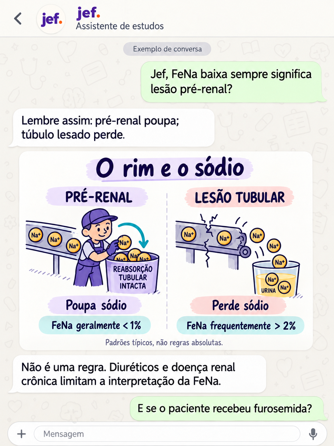 Conversa ilustrativa com o Jef: FeNa baixa sempre significa lesão pré-renal? Mnemônico sobre retenção de sódio na lesão pré-renal e perda na lesão tubular, com ressalva sobre diuréticos e doença renal crônica. A conversa continua com uma pergunta sobre furosemida.